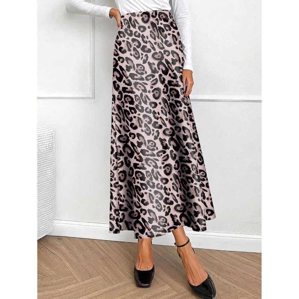 Women Leopard Maxi Dressy Casual Zipped High Waisted Silk Elegant Long Skirt - Picture 7 of 7